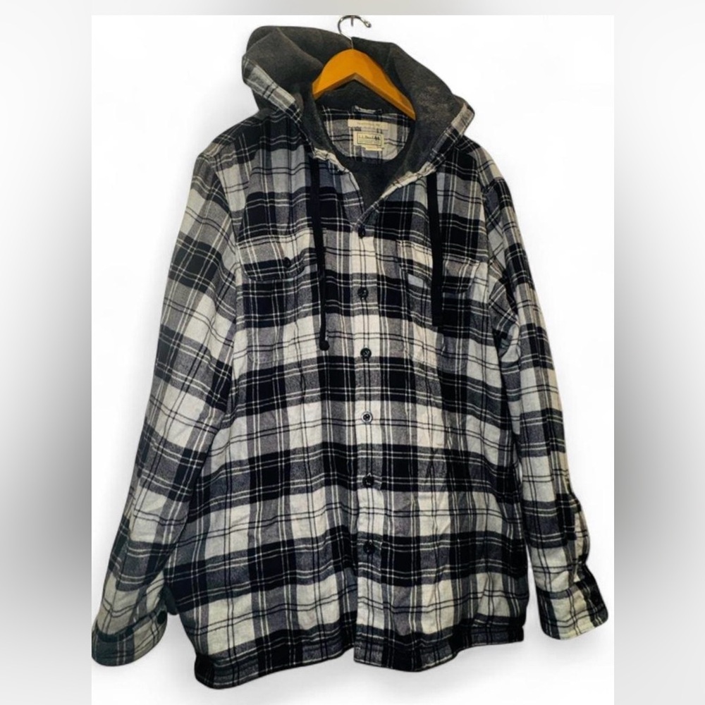 LL.Bean Fleece Lined Hood Flannel Jacket Plaid Traditional Fit L Sherpa Workwear
